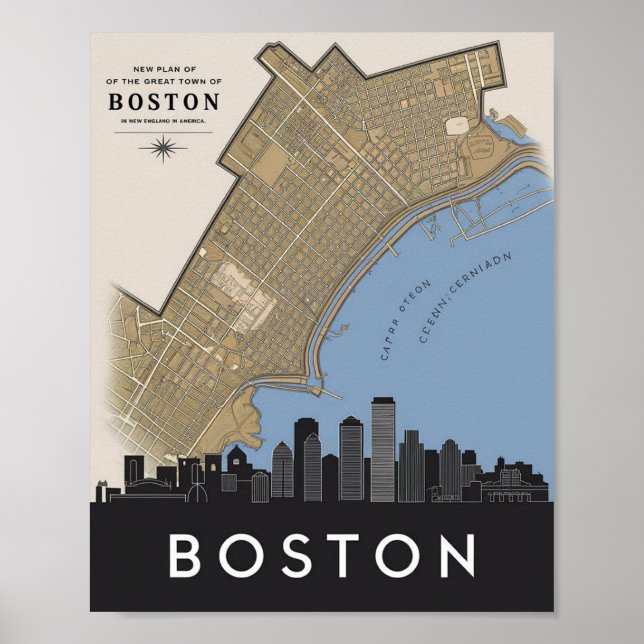 Poster Boston Massachusetts Skyline Com Mapa Da Vintage (Frente)