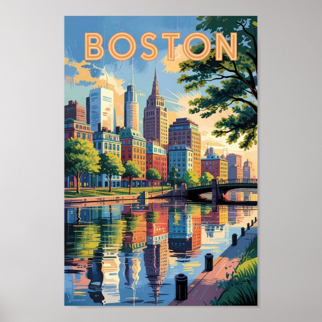 Poster Boston Massachusetts Skyline Viagem Art Vintage (Frente)