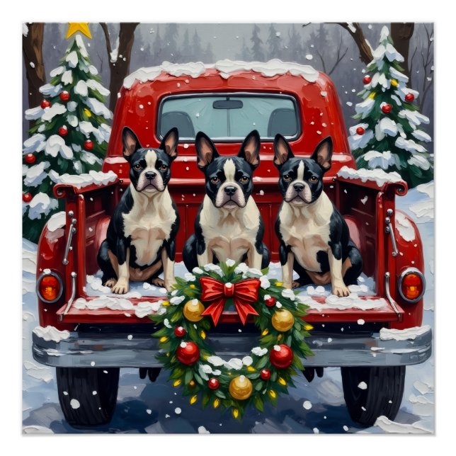 Pôster Boston Terrier Christmas Red Truck Holiday (Frente)