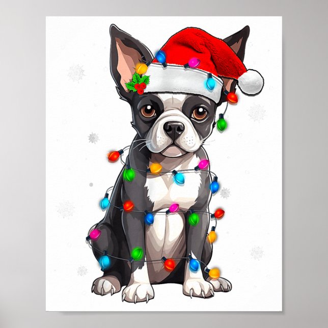 Poster Boston Terrier Christmas Santa Hat Tree Lights Paj (Frente)