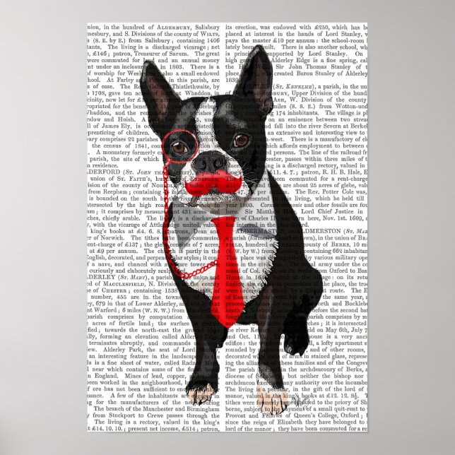 Pôster Boston Terrier com gravata vermelha e bigode (Frente)
