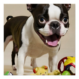 Pôster Boston Terrier Dog Brincando com Brinquedos