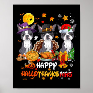 Poster Boston Terrier Dog Happy Halloween Ação de Graças 