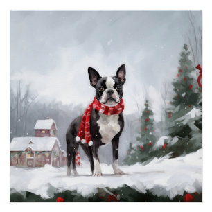 Pôster Boston Terrier Dog no Natal da neve