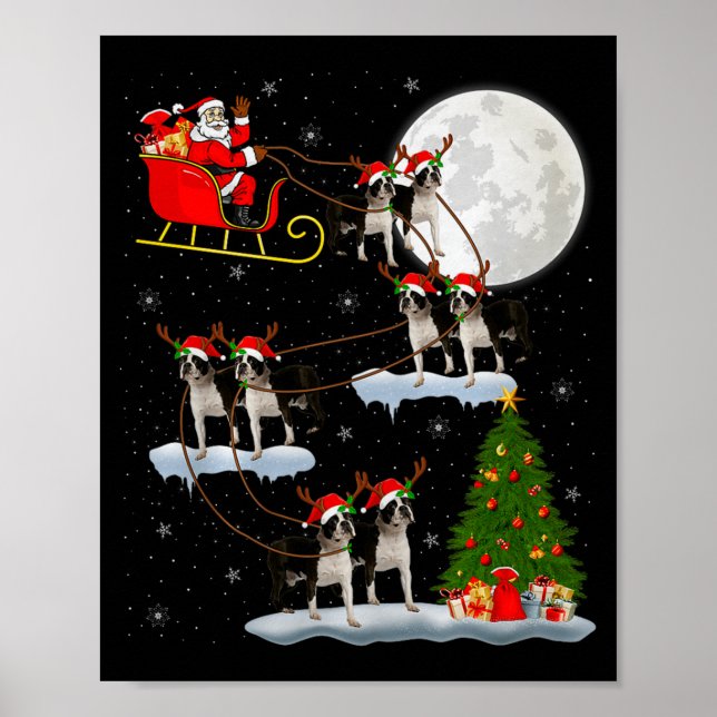 Poster Boston Terrier Dog Santa Sleigh Flying Funny Chris (Frente)