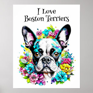 Poster Boston Terrier e Flores