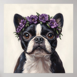 Poster Boston Terrier em uma Coroa de Flor Roxa