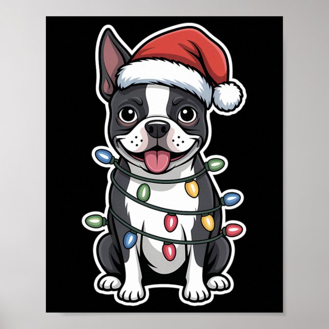 Poster Boston Terrier embrulhada em luzes de Natal (Frente)