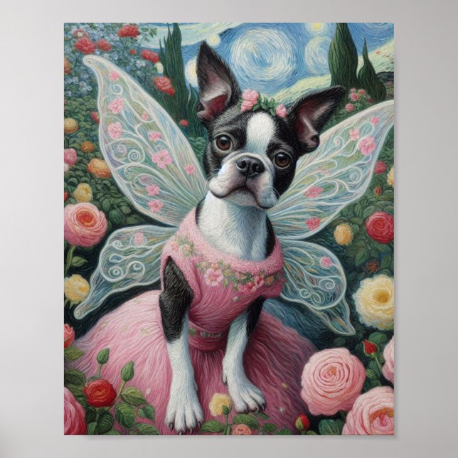 Poster Boston Terrier Fairy em um jardim de flores (Frente)