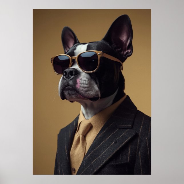 Poster Boston Terrier in Pinstripe Suit and Sunglasses (Frente)