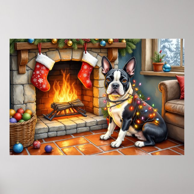 Poster Boston Terrier Lareira com Luzes de Natal (Frente)