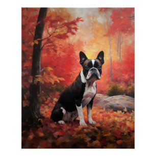 Pôster Boston Terrier nas Folhas de Outono Caindo Inspira