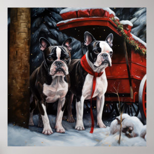 Poster Boston Terrier Nevado Trineo Decoración de Navidad