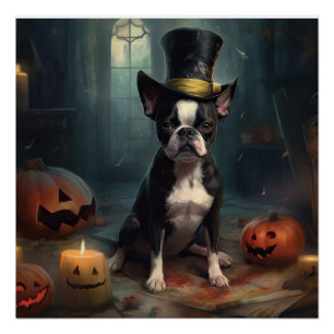Pôster Boston Terrier Pumpkins Halloween Assustado