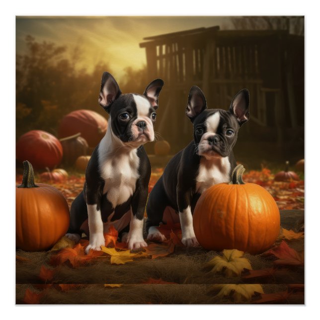Pôster Boston Terrier Puppy Autumn Delight Pumpkin (Frente)