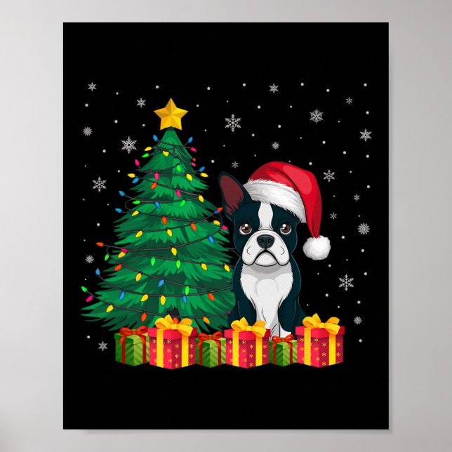 Poster Boston Terrier Santa Hat, Luz de Natal, Cão (Frente)