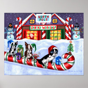 Poster Boston Terriers Candy Cane Papai noel Natal Snowma