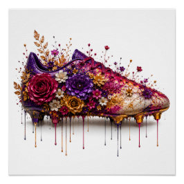 Pôster Bota de Futebol Floral Vibrante Gotejando Dourado