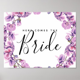 Poster botânica de flores roxas aqui vem a noiva