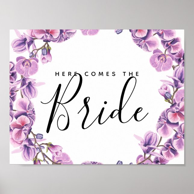 Poster botânica de flores roxas aqui vem a noiva (Frente)