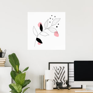 Poster Botânica Suave - Arte em Linha Mínima Folha com Ro