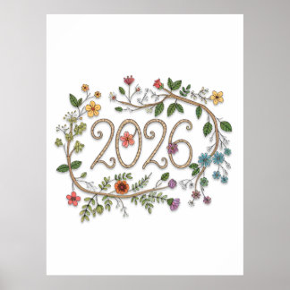 Poster Botanical 2026 Typography with Flowering Vines
