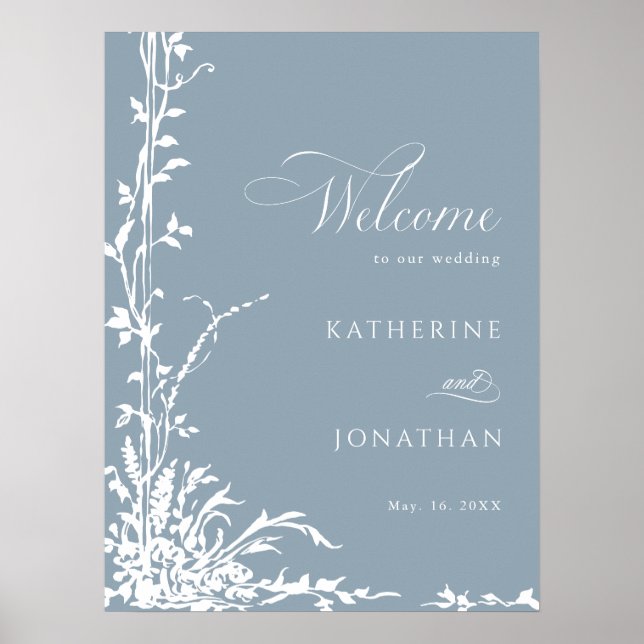 Poster Botanical Arch Garden Dusty Blue Wedding Welcome (Frente)