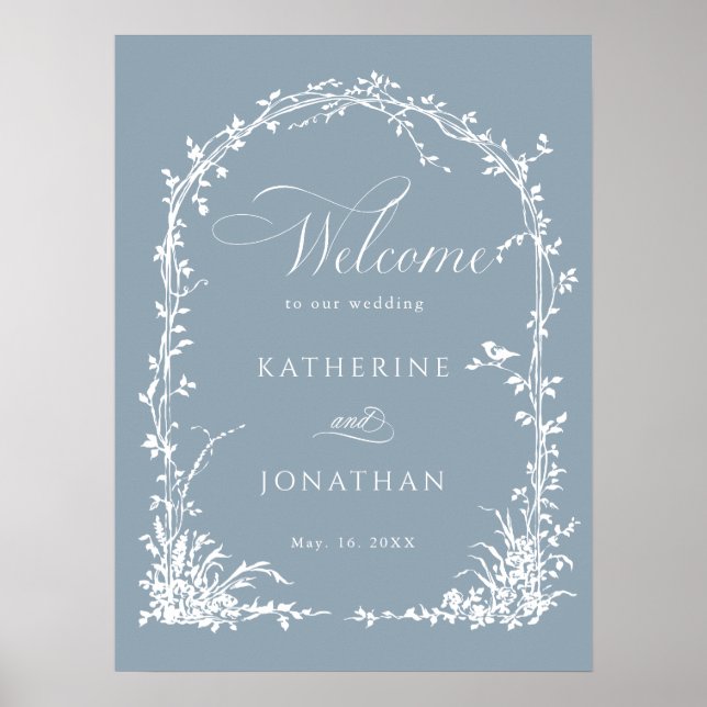Poster Botanical Arch Garden Wedding Dusty Blue Welcome  (Frente)