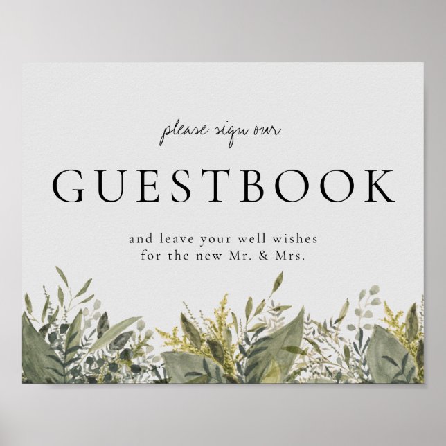 Poster Botanical Watercolor Greenery Guestbook Sign (Frente)