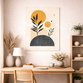 Poster Botânico Abstrato Sol Geométrico Mínimo Amarelo