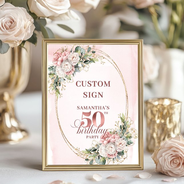 Poster Botânico Cor-de-rosa Mínimo Editável de 50 Anos de (Editable Minimal Blush Botanical 50th Birthday 8x10 Sign)