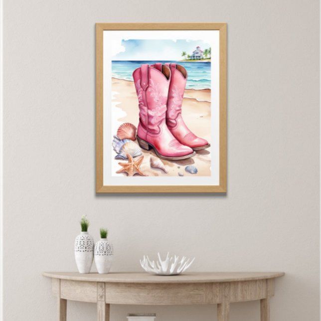 Poster Botas Cowgirl Costeiras Rosa Préppy Areia Oceano P (Pink Preppy Coastal Cowgirl Boots on the beach sand near the ocean seashells. Printed or Digital)