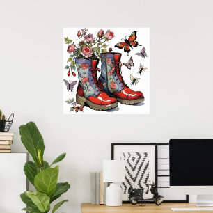 Poster Botas de combate floral com flores e borboletas