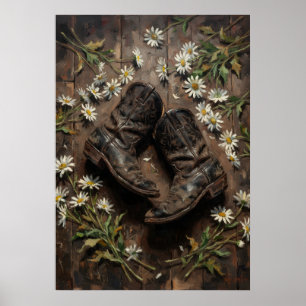 Poster Botas de Cowboy Ocidentais e Margaridas Pos Floral