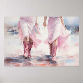Poster Botas de Cowgirls Modernas Aquarela Caminhando na