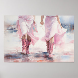 Poster Botas de Cowgirls Modernas Aquarela Caminhando na 