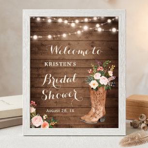 Poster Botas Rústicas de Cowgirl Luzes Florais Chá de Noi
