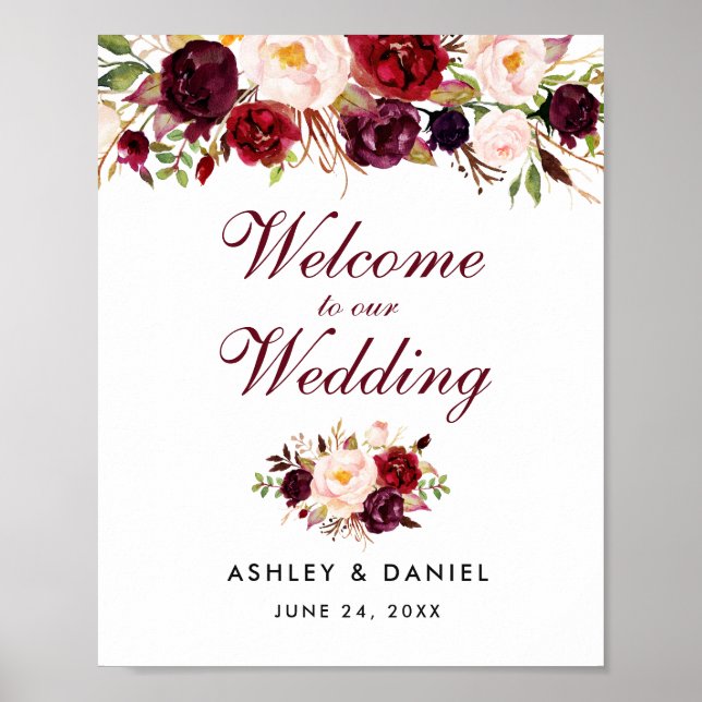 Poster Bote Bem-Vindo Watercolor Floral Burgundy (Frente)