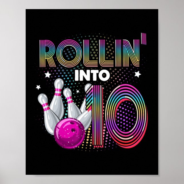 Poster Bowling Birthday Party Rollin Into 10 10th Birthda (Frente)