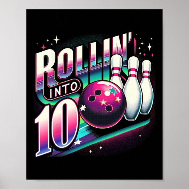 Poster Bowling Birthday Rollin Into 10 Party 10th Bday Re (Frente)