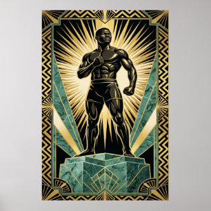 Poster Boxeador Art Déco Atleta Campeão Dourado Verde Pos