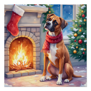 Pôster Boxer de Caixa de Lareira Festiva Arte de Natal
