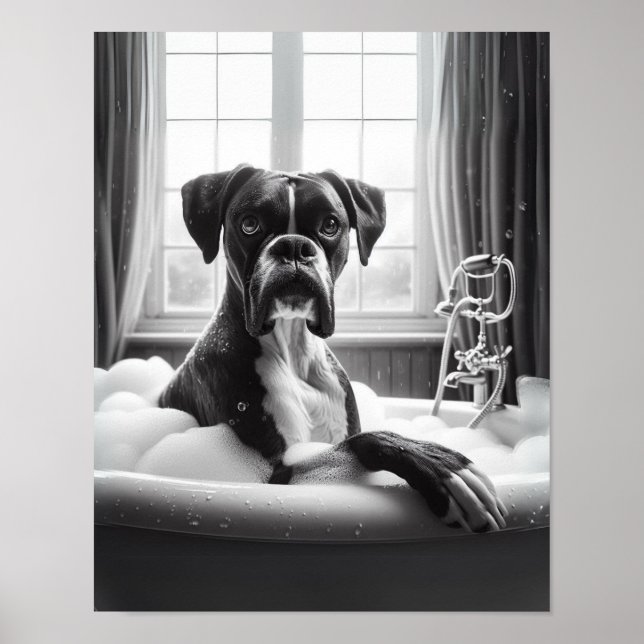 Poster Boxer Dog Bathroom Wall Art, Boxer tomando banho (Frente)