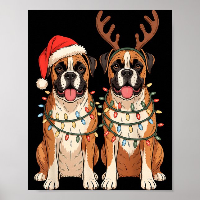 Poster Boxer Dog Christmas Santa Hat Reindeer Lights Paja (Frente)