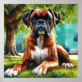Poster Boxer Dog in the Park - Watercolor Style Art