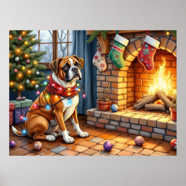 Poster Boxer Sitting by Fireplace with Christmas Lights (Frente)