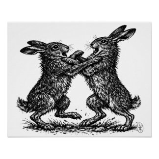 Pôster Boxing Hares – Haunted Ink Woodland Duel