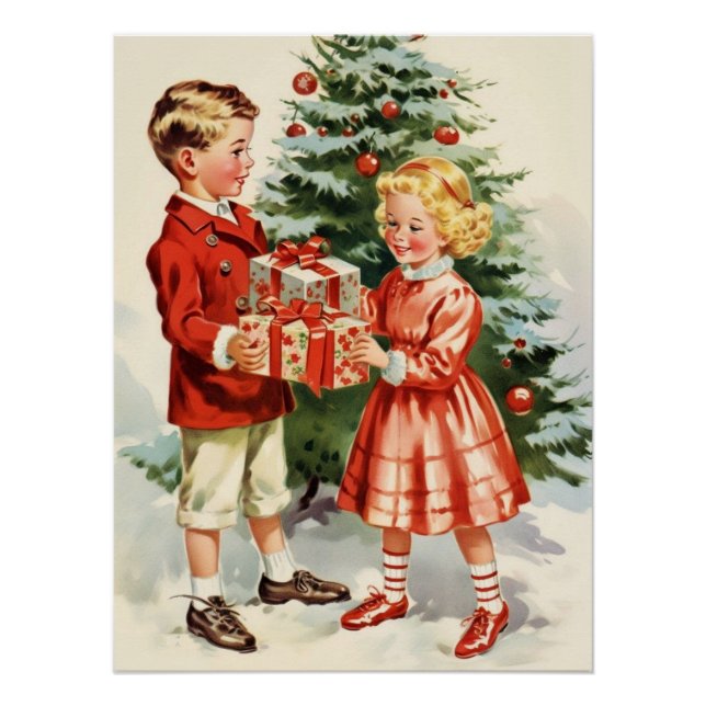Pôster Boy and girl giving each other Christmas presents (Frente)