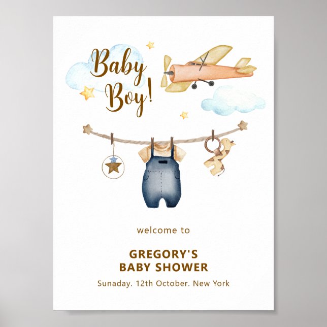 Poster Boy Clothesline Airplane Sky Baby Shower Welcome  (Frente)
