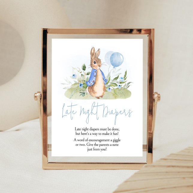 Poster Boy Peter Rabbit Chá de fraldas Fraldas Noturnas T (Peter Rabbit Balloon Spring Baby Shower Late Night Diapers Sign)
